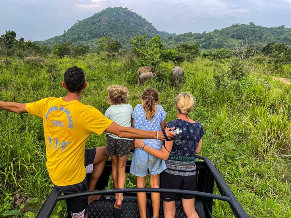 Family on a safari in Sri Lanka looking at elephants